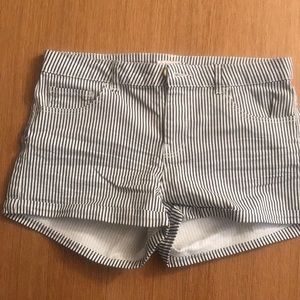 Blue and white striped denim shorts